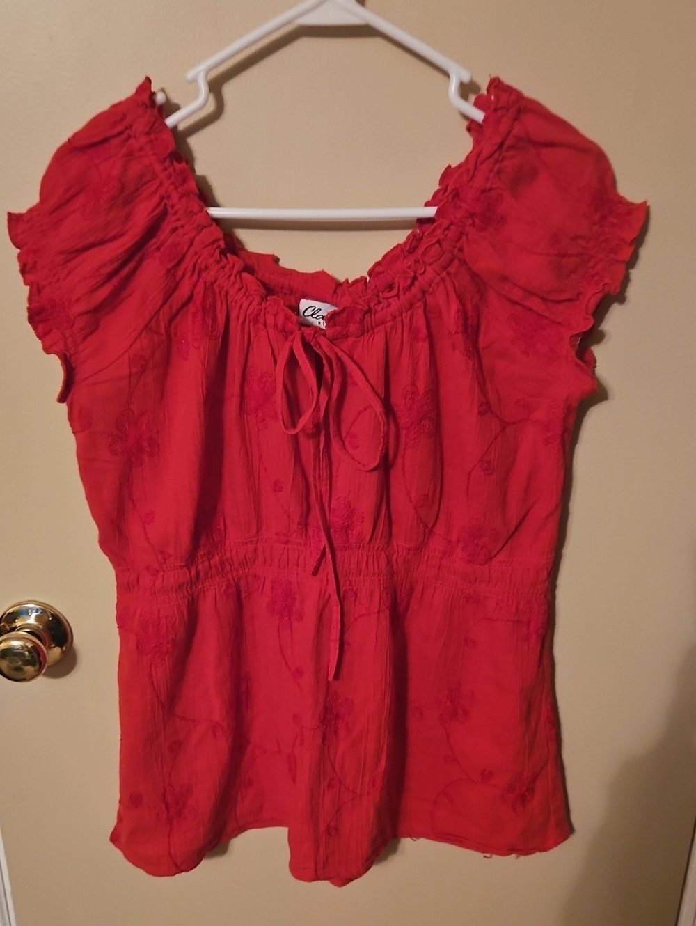 Red Peasant Blouse with Tie Neck